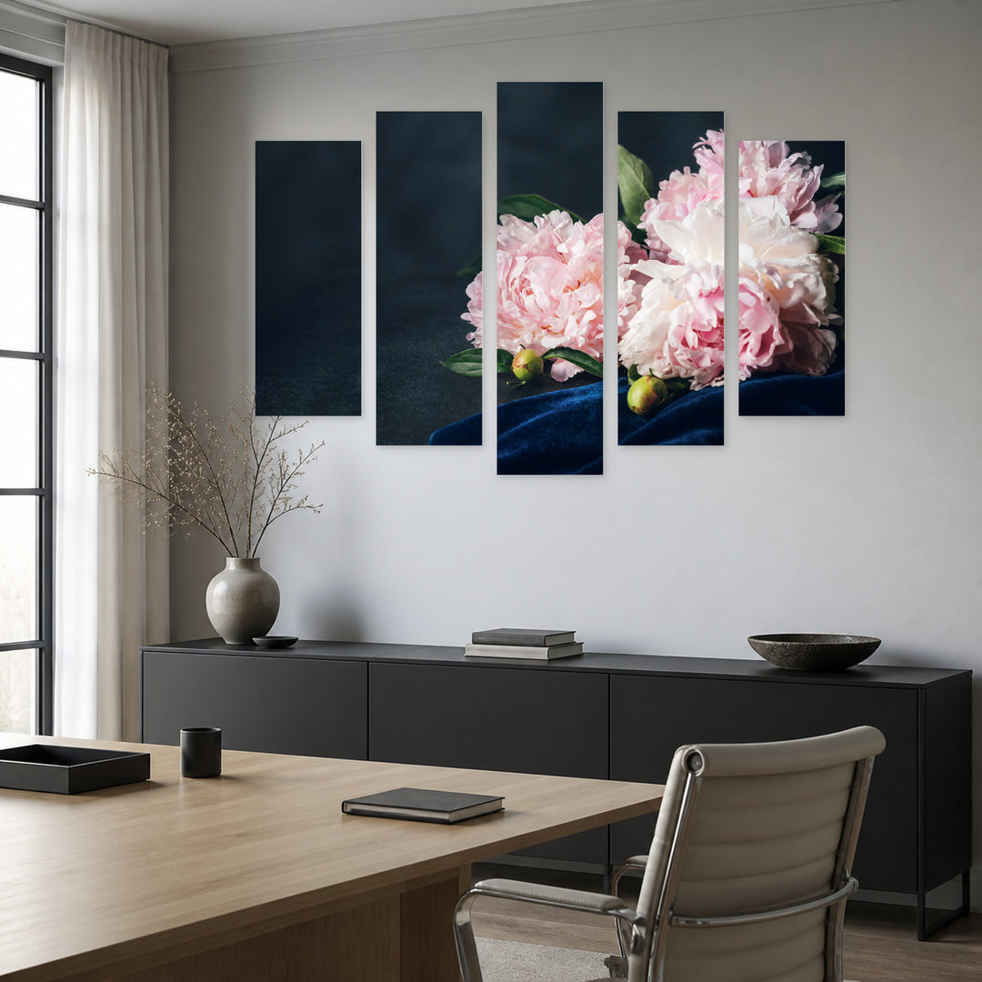 Light Pink Peonies with Dreamlike Atmosphere — five-panel wall art in alternate frontal interior | 5wallart 54999 M4