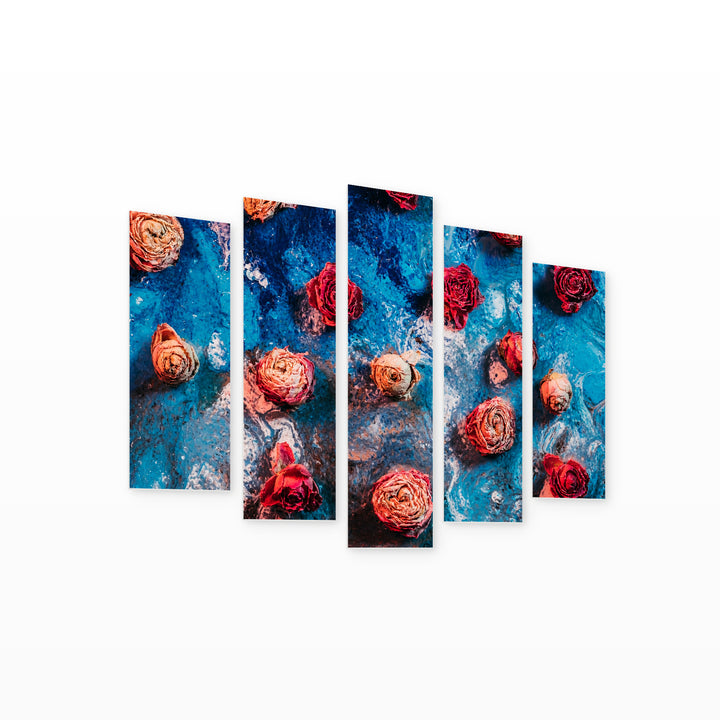 Retro Floral Art with Geometric Rhythm — five-panel wall art on white background in perspective | 5wallart 55000 M1