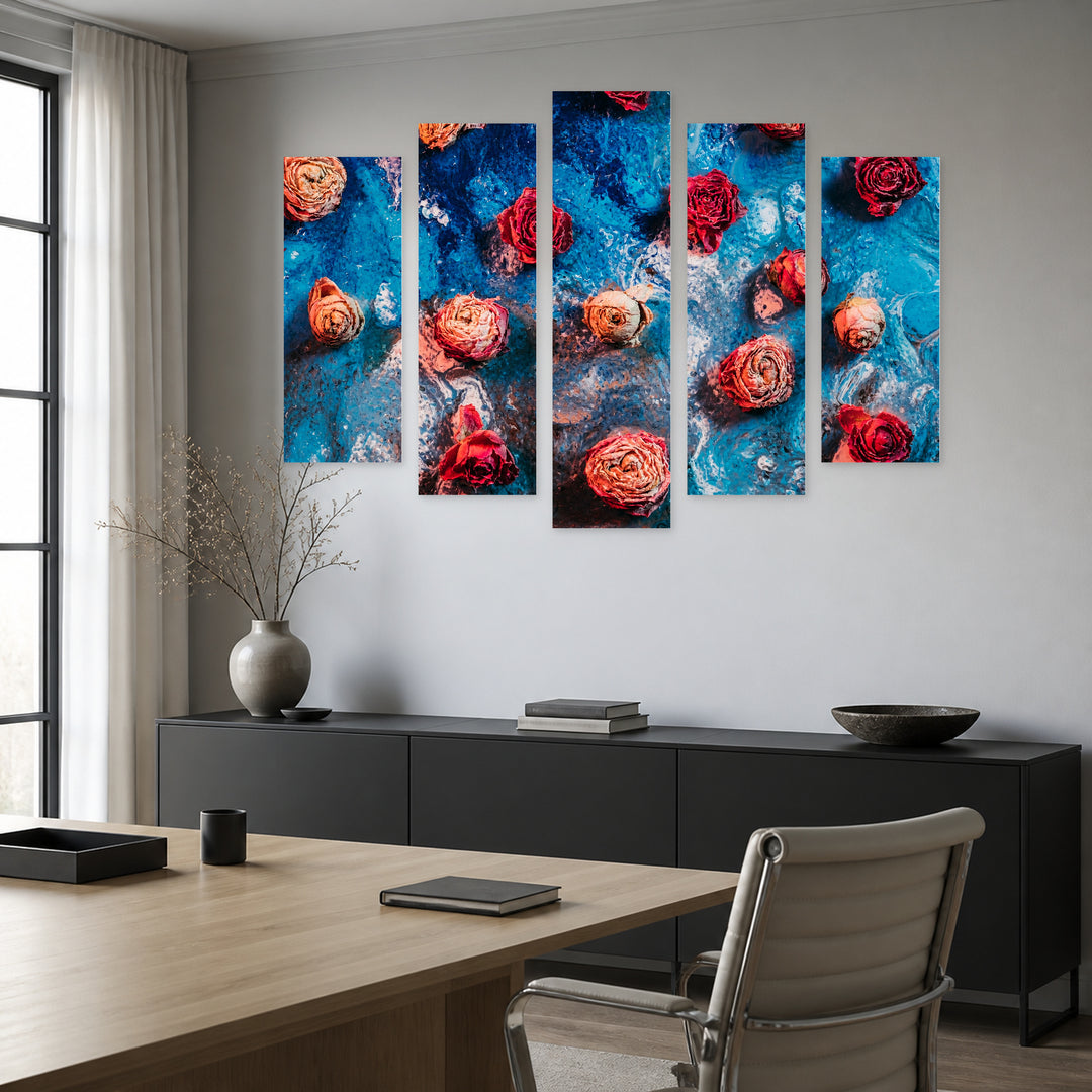 Retro Floral Art with Geometric Rhythm — five-panel wall art in frontal interior | 5wallart 55000 M3