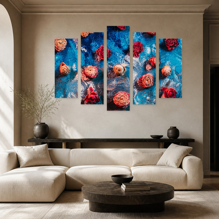 Retro Floral Art with Geometric Rhythm — five-panel wall art in alternate frontal interior | 5wallart 55000 M4
