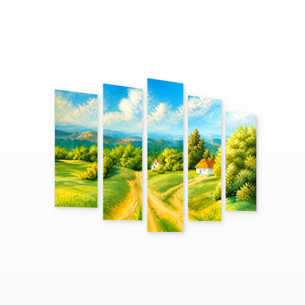 Fairyland in Blue and Gold — five-panel wall art on white background in perspective | 5wallart 55001 M1