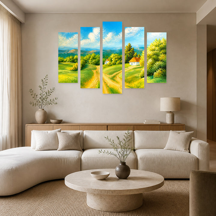 Fairyland in Blue and Gold — five-panel wall art in frontal interior | 5wallart 55001 M3