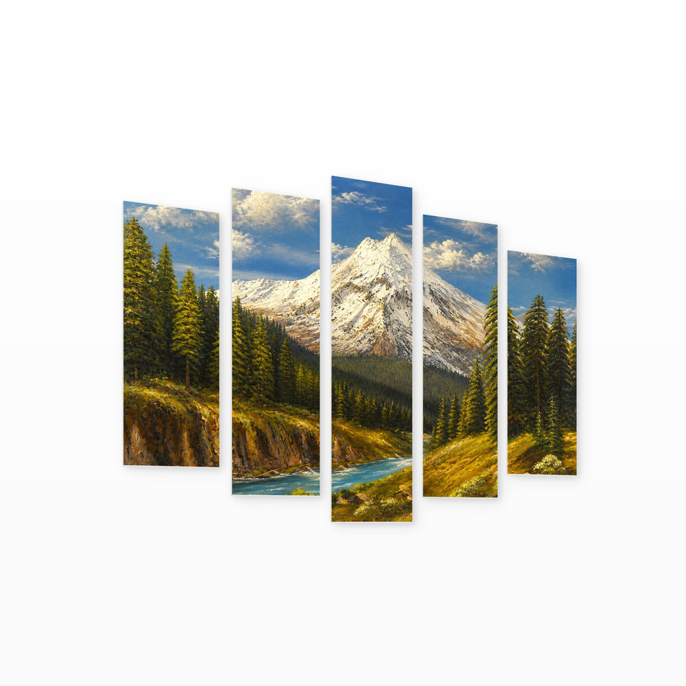 Mountain Peak in Blue and Gold — five-panel wall art on white background in perspective | 5wallart 55006 M1