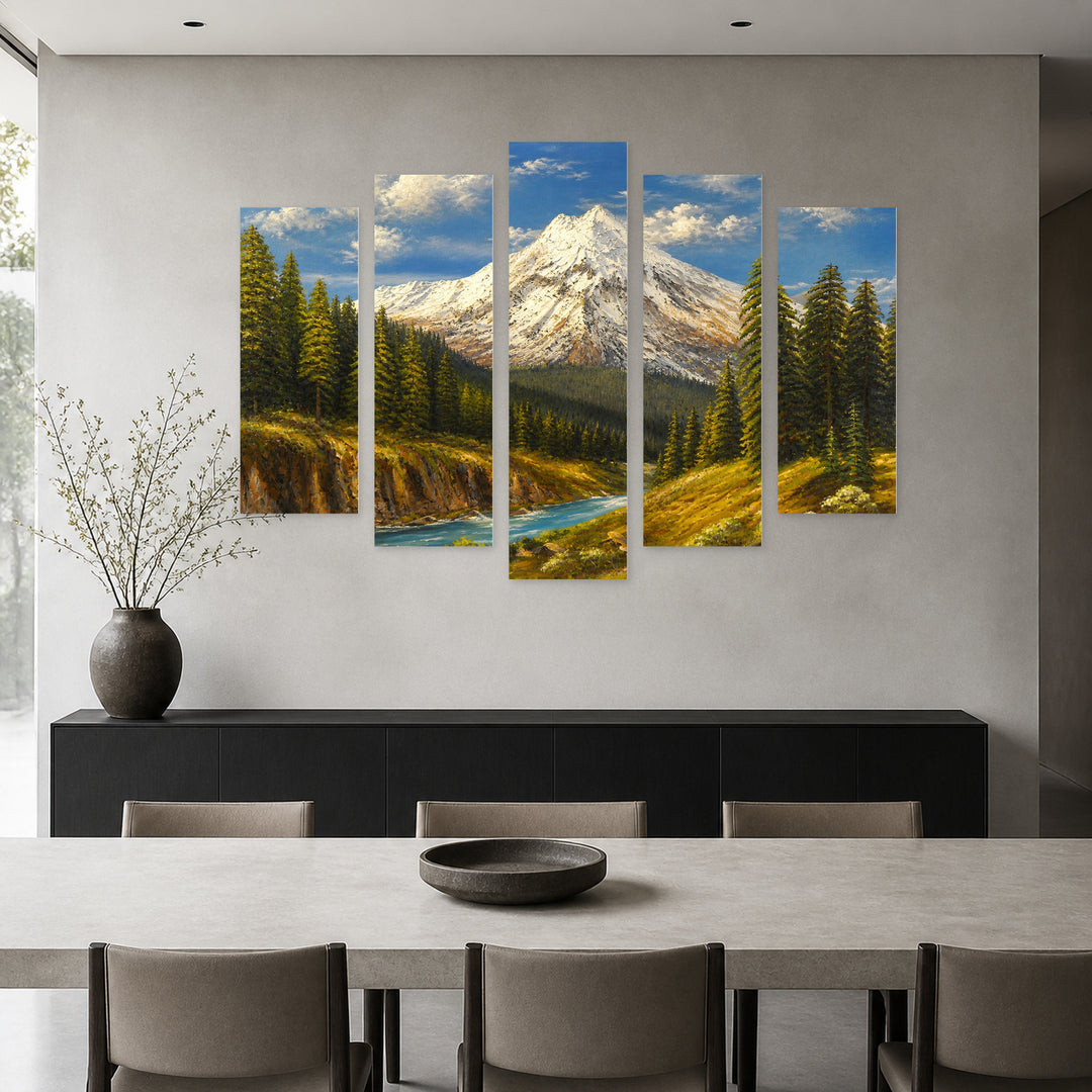 Mountain Peak in Blue and Gold — five-panel wall art in frontal interior | 5wallart 55006 M3