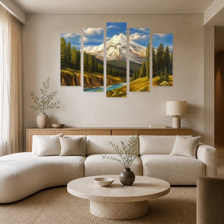 Mountain Peak in Blue and Gold — five-panel wall art in alternate frontal interior | 5wallart 55006 M4
