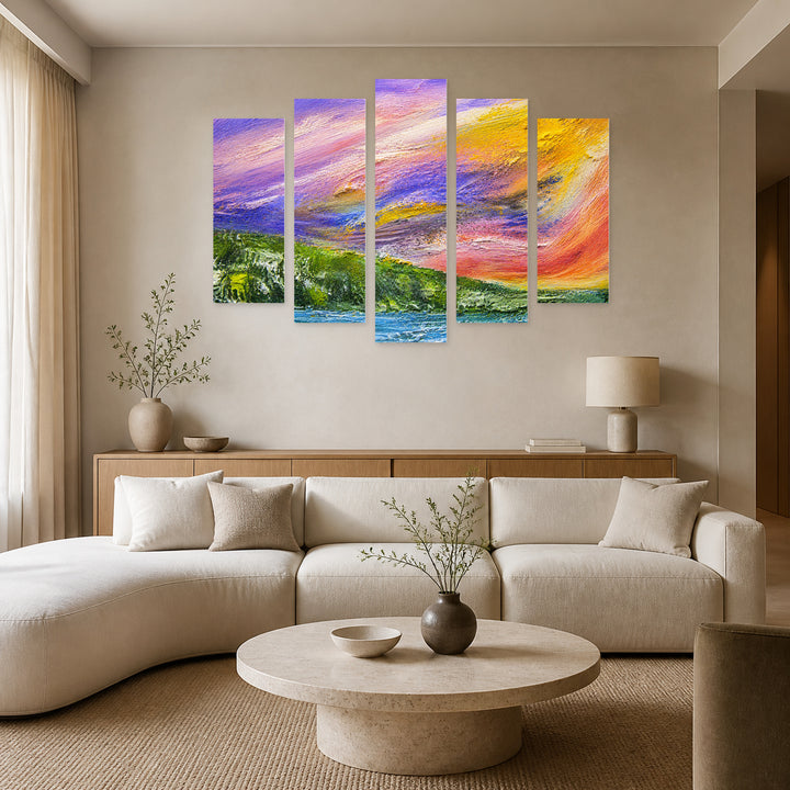 Spring Wave in Serene Light — five-panel wall art in alternate frontal interior | 5wallart 55012 M4