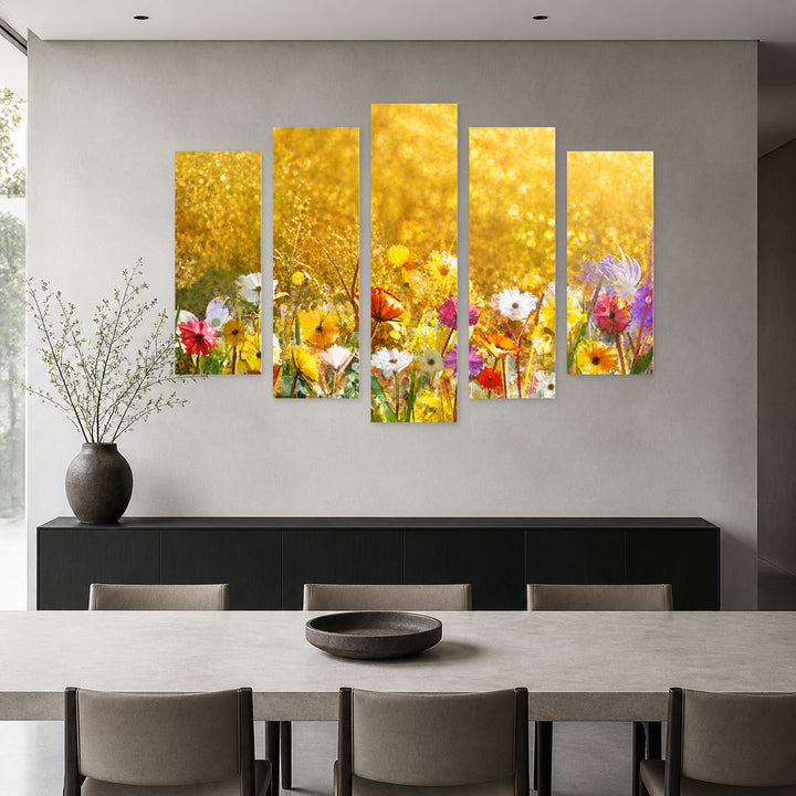 Yellow-brown Color Texture in Vivid Color — five-panel wall art in frontal interior | 5wallart 55036 M3