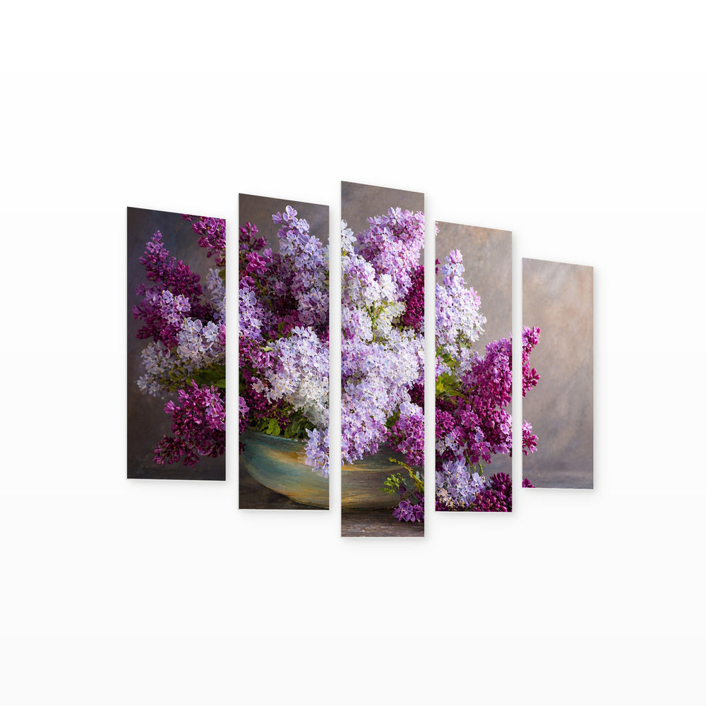 Lilacs in Serene Light — five-panel wall art on white background in perspective | 5wallart 55040 M1