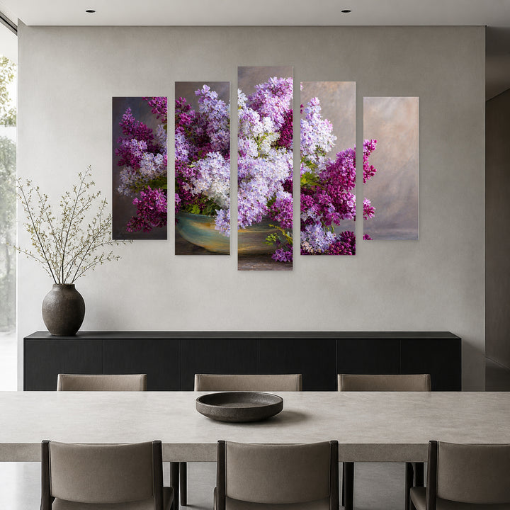 Lilacs in Serene Light — five-panel wall art in frontal interior | 5wallart 55040 M3