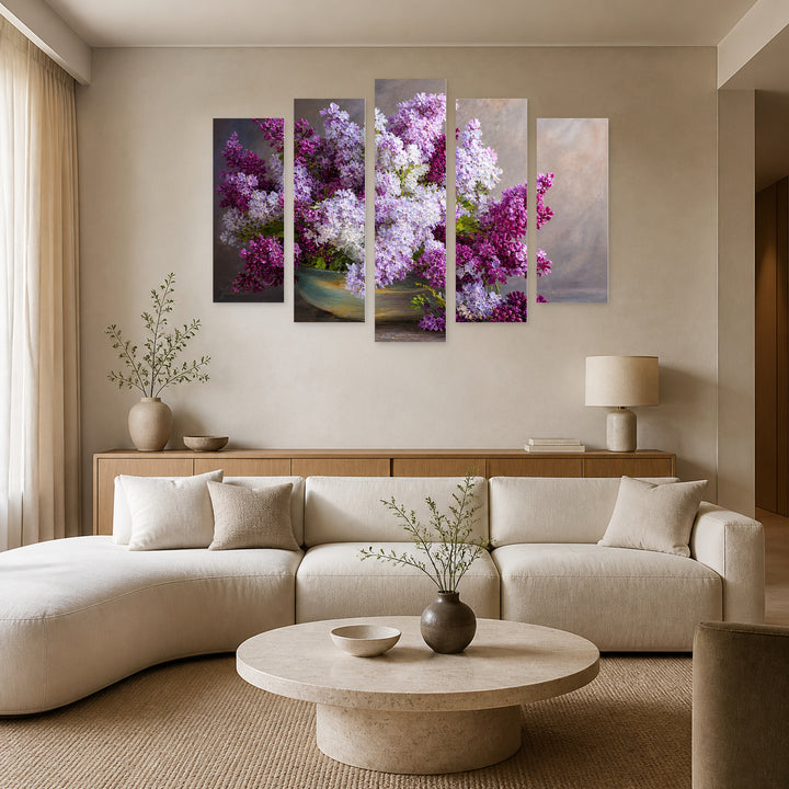 Lilacs in Serene Light — five-panel wall art in alternate frontal interior | 5wallart 55040 M4