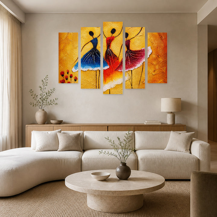 Spanish Dancers with Dramatic Contrast — five-panel wall art in alternate frontal interior | 5wallart 55042 M4