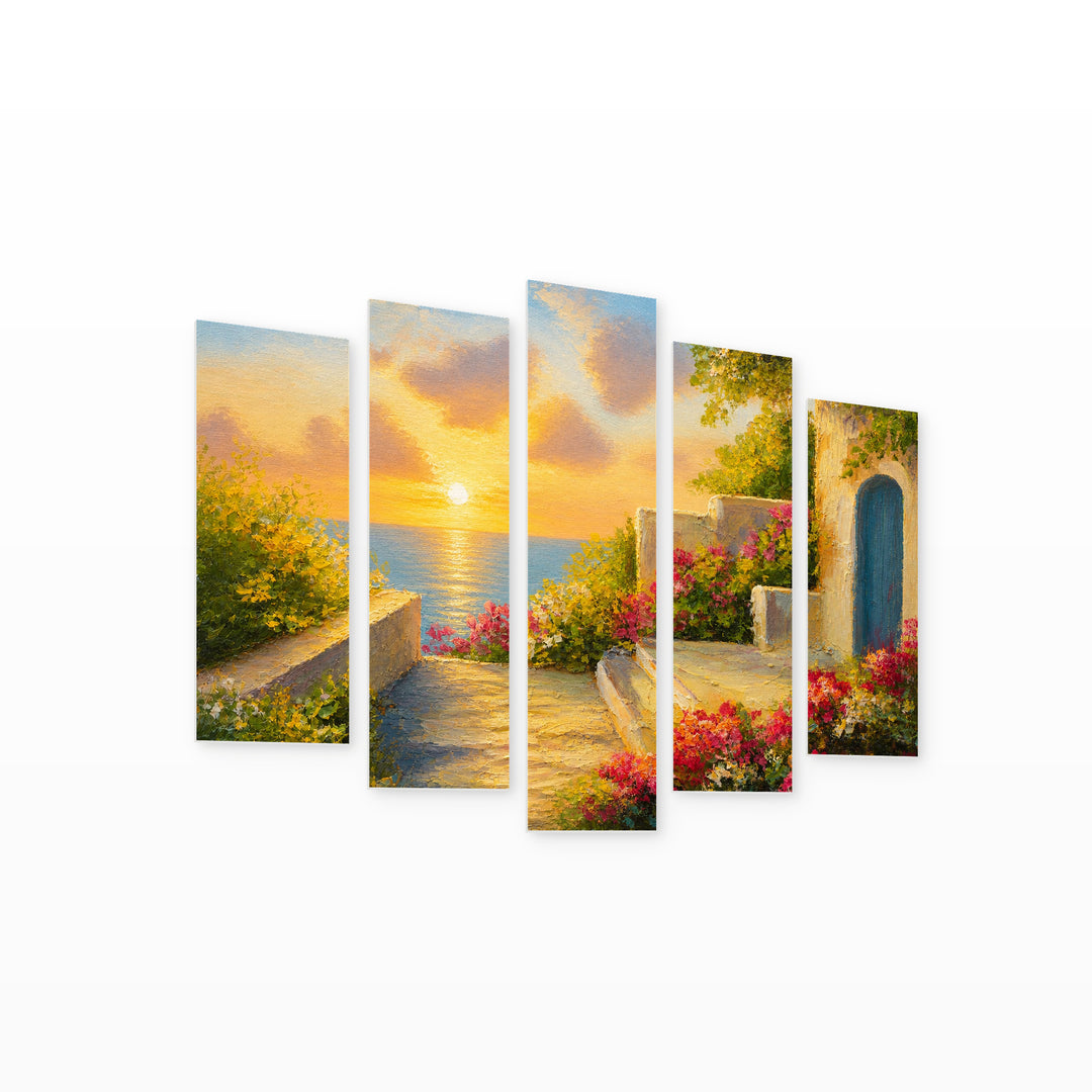 House by the Sea at Golden Sunset — five-panel wall art on white background in perspective | 5wallart 55043 M1