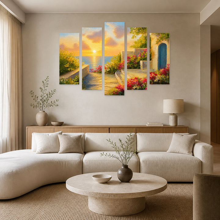 House by the Sea at Golden Sunset — five-panel wall art in frontal interior | 5wallart 55043 M3