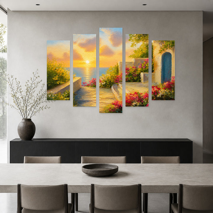 House by the Sea at Golden Sunset — five-panel wall art in alternate frontal interior | 5wallart 55043 M4