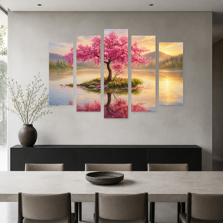 Cherry Tree in a Lake at Golden Sunset — five-panel wall art in frontal interior | 5wallart 55044 M3