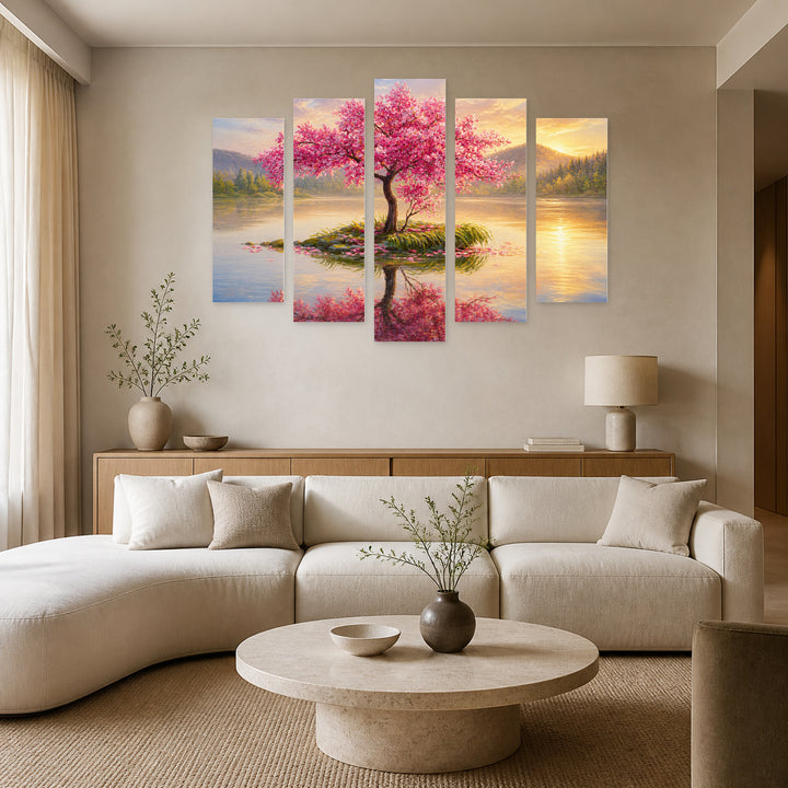 Cherry Tree in a Lake at Golden Sunset — five-panel wall art in alternate frontal interior | 5wallart 55044 M4