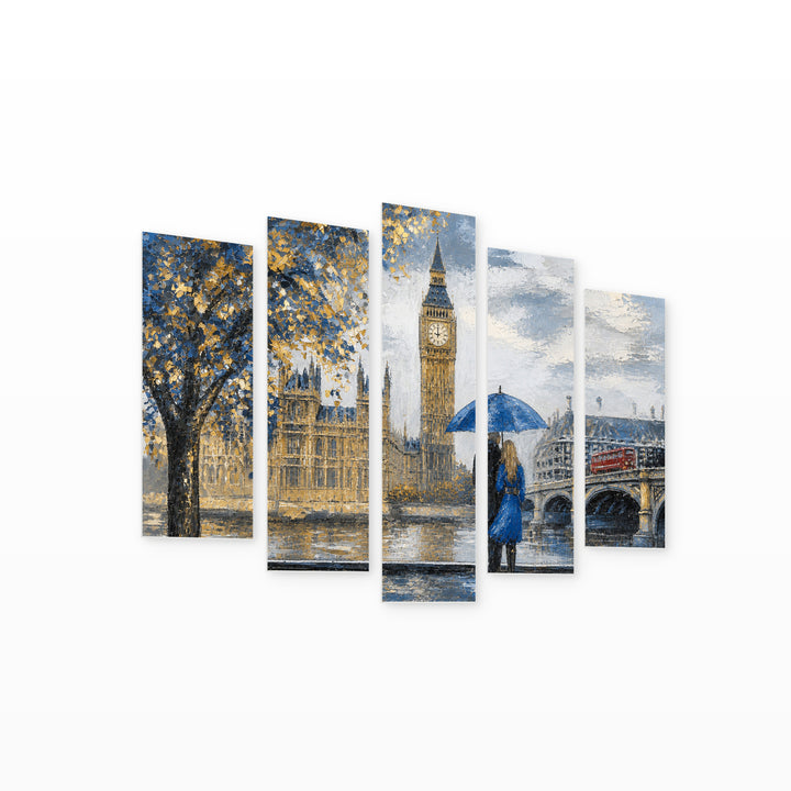 London Oil Reproduction in Blue and Gold — five-panel wall art on white background in perspective | 5wallart 55045 M1