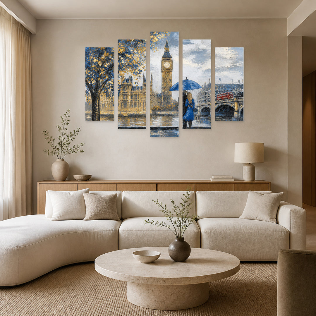 London Oil Reproduction in Blue and Gold — five-panel wall art in frontal interior | 5wallart 55045 M3