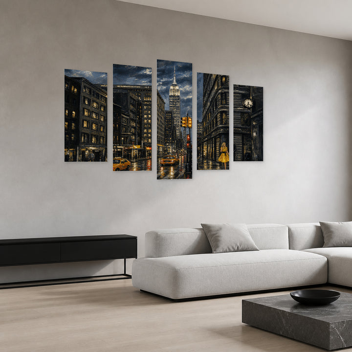 New York Oil Reproduction at Night — five-panel wall art in perspective interior | 5wallart 55046 M2