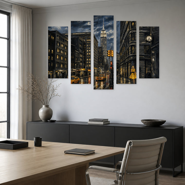New York Oil Reproduction at Night — five-panel wall art in frontal interior | 5wallart 55046 M3