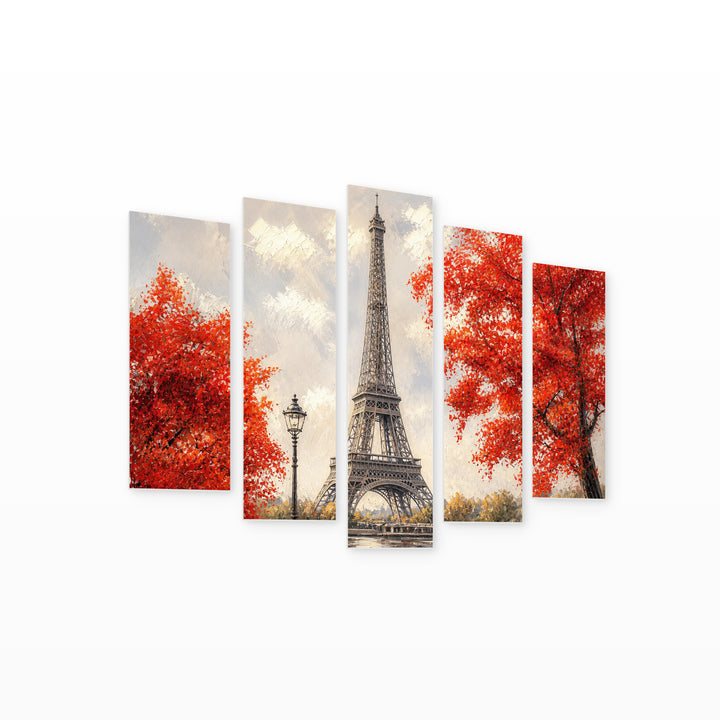 Eiffel Tower Oil Reproduction in Serene Light — five-panel wall art on white background in perspective | 5wallart 55047 M1