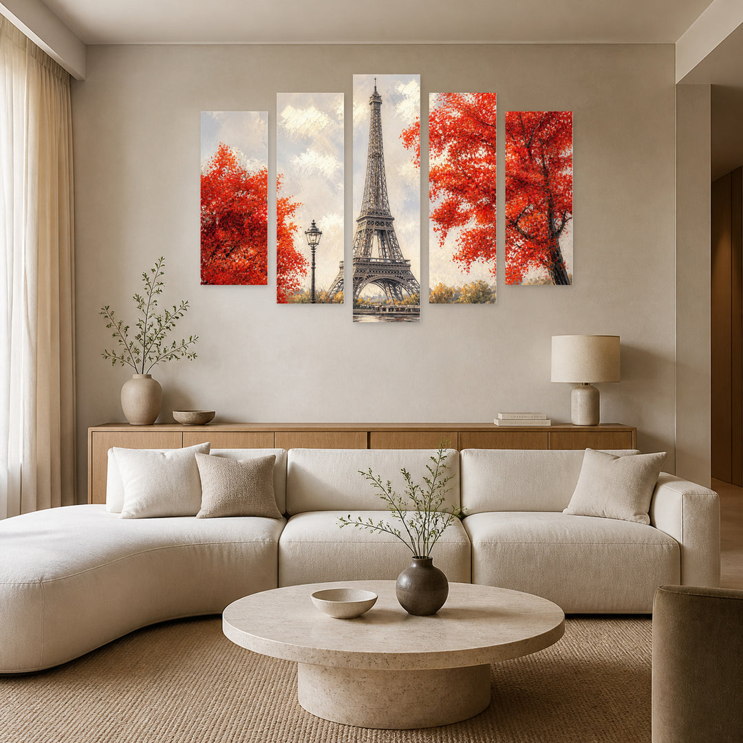Eiffel Tower Oil Reproduction in Serene Light — five-panel wall art in frontal interior | 5wallart 55047 M3