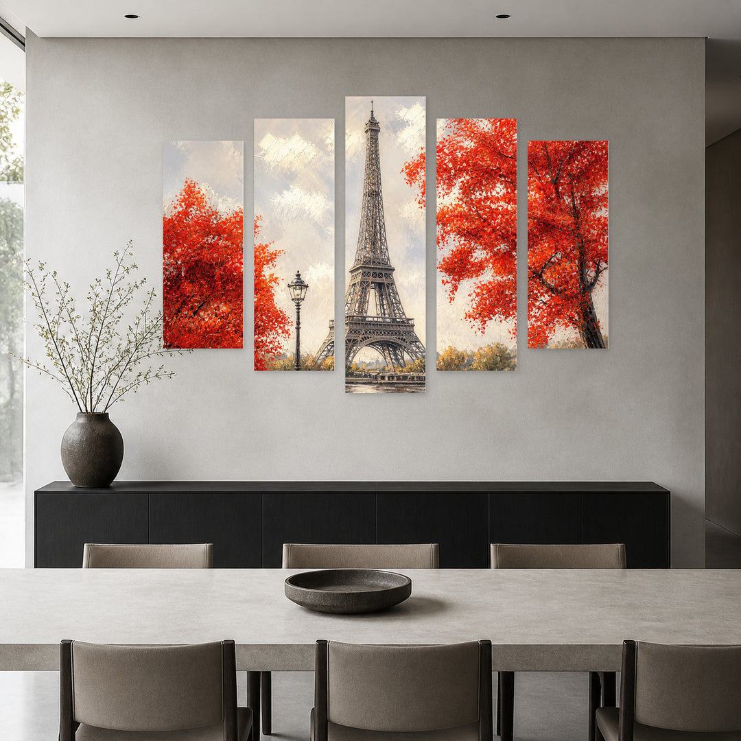 Eiffel Tower Oil Reproduction in Serene Light — five-panel wall art in alternate frontal interior | 5wallart 55047 M4