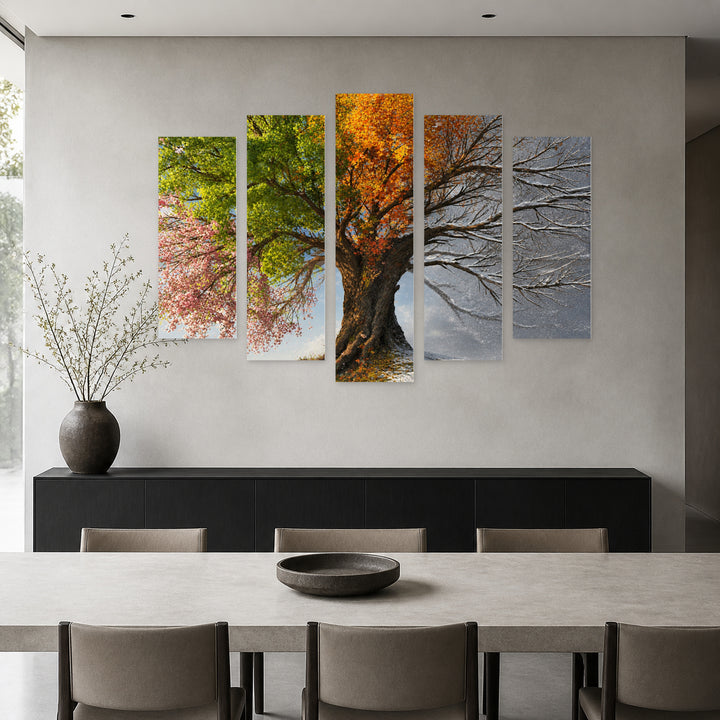 Tree Seasons in Autumn — five-panel wall art in frontal interior | 5wallart 55048 M3