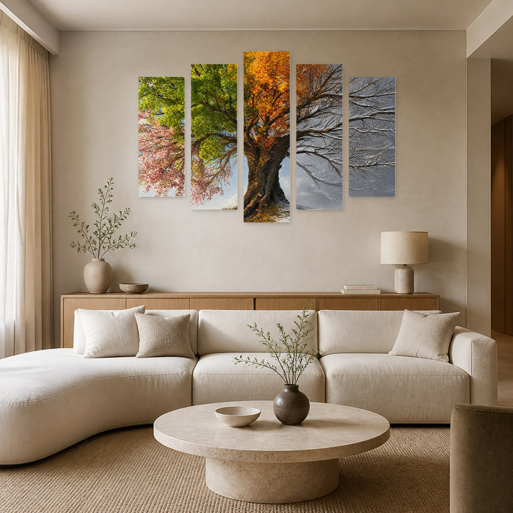 Tree Seasons in Autumn — five-panel wall art in alternate frontal interior | 5wallart 55048 M4