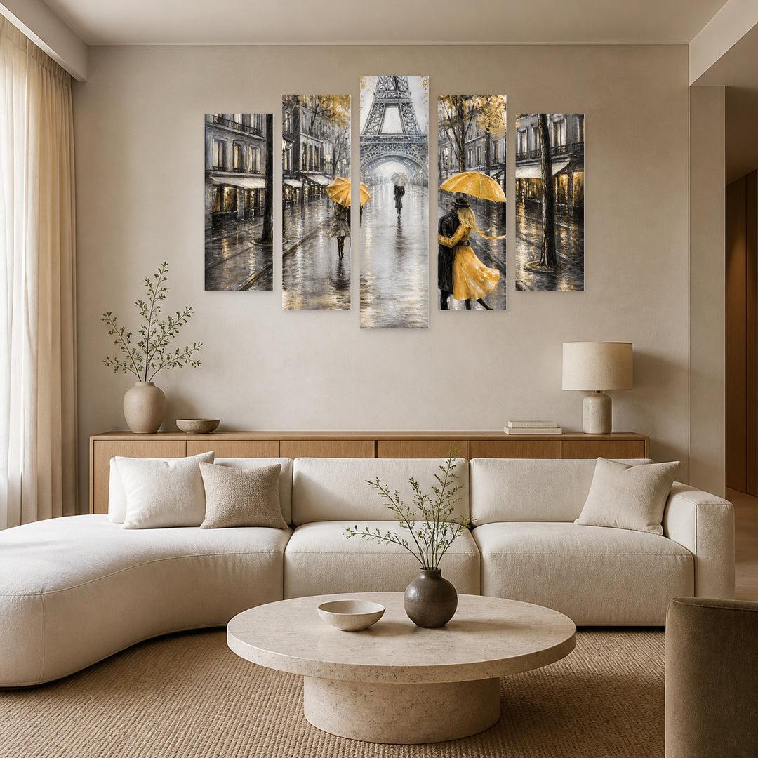 Paris Oil Reproduction with Dreamlike Atmosphere — five-panel wall art in frontal interior | 5wallart 55049 M3