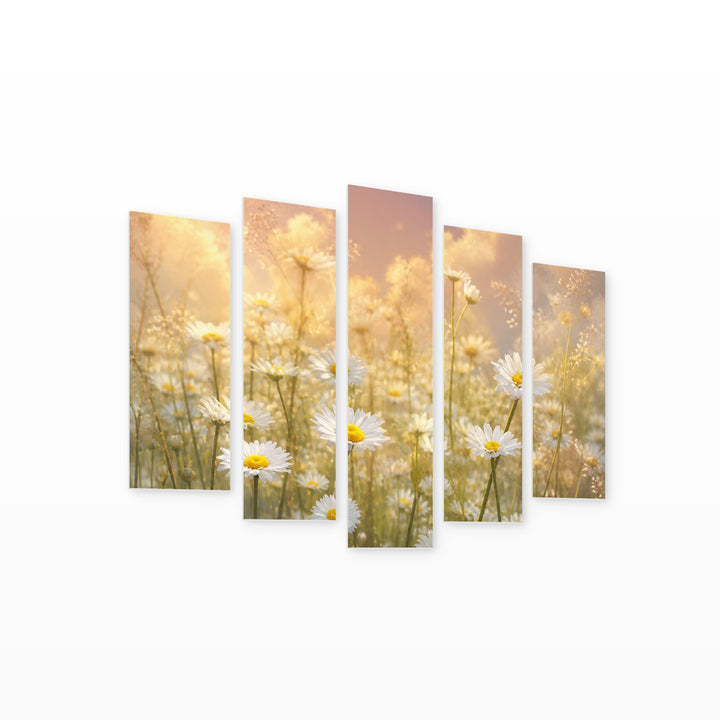 Field of Daisies with Dreamlike Atmosphere — five-panel wall art on white background in perspective | 5wallart 55050 M1