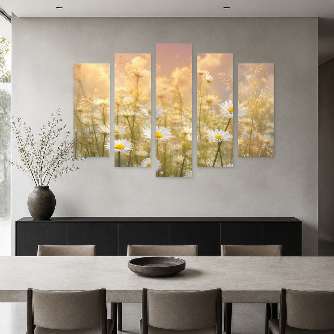 Field of Daisies with Dreamlike Atmosphere — five-panel wall art in frontal interior | 5wallart 55050 M3