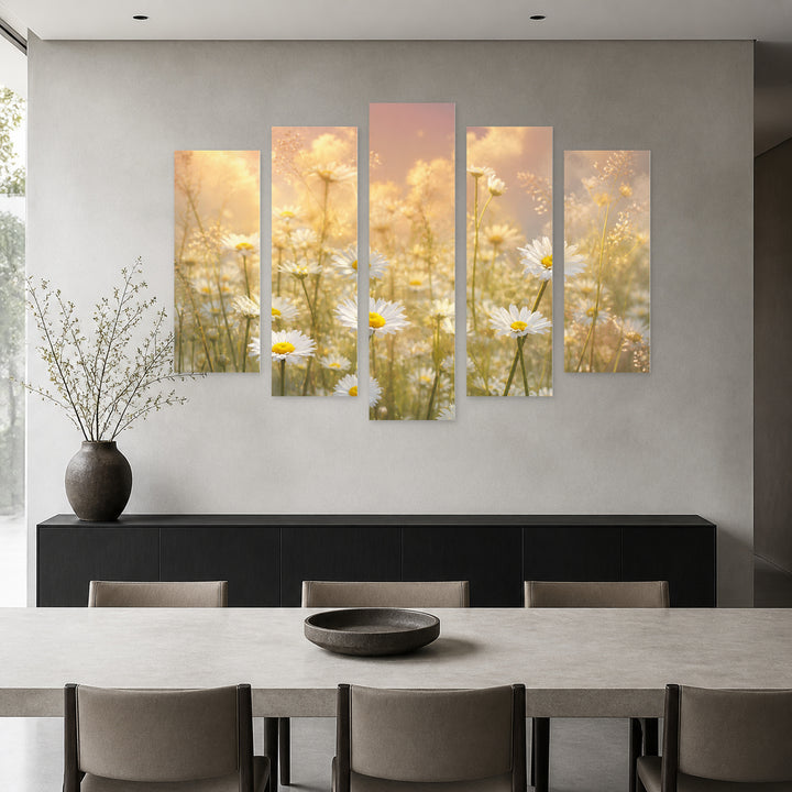 Field of Daisies with Dreamlike Atmosphere — five-panel wall art in frontal interior | 5wallart 55050 M3