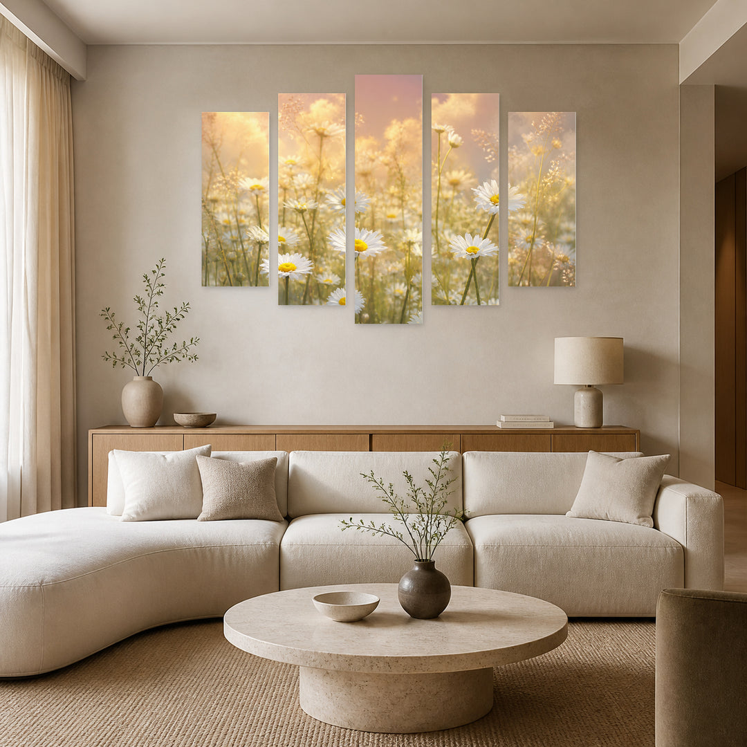 Field of Daisies with Dreamlike Atmosphere — five-panel wall art in alternate frontal interior | 5wallart 55050 M4