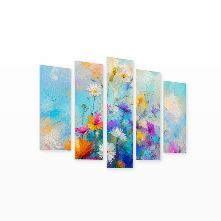 Abstract Floral Painting with Oil Colors at Sunrise — five-panel wall art on white background in perspective | 5wallart 55051 M1