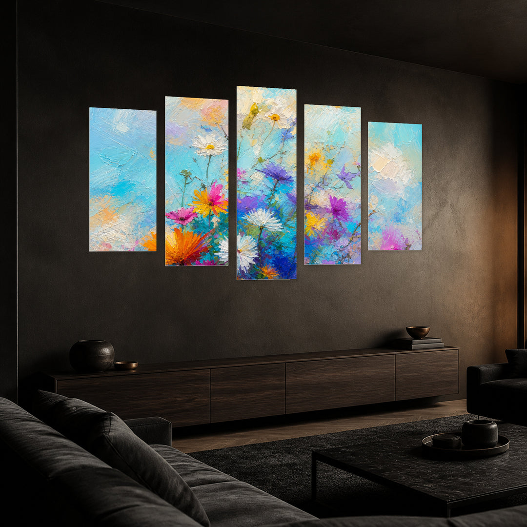 Abstract Floral Painting with Oil Colors at Sunrise — five-panel wall art in perspective interior | 5wallart 55051 M2