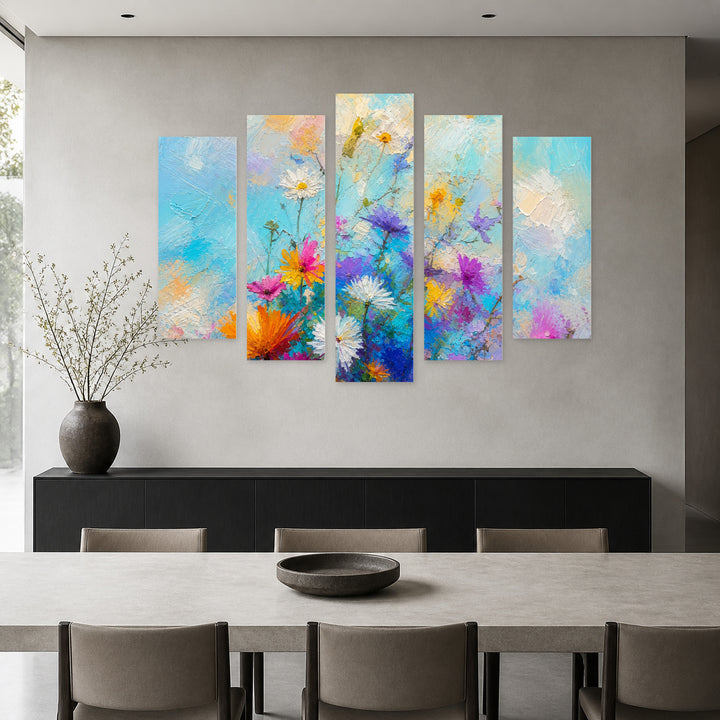 Abstract Floral Painting with Oil Colors at Sunrise — five-panel wall art in alternate frontal interior | 5wallart 55051 M4