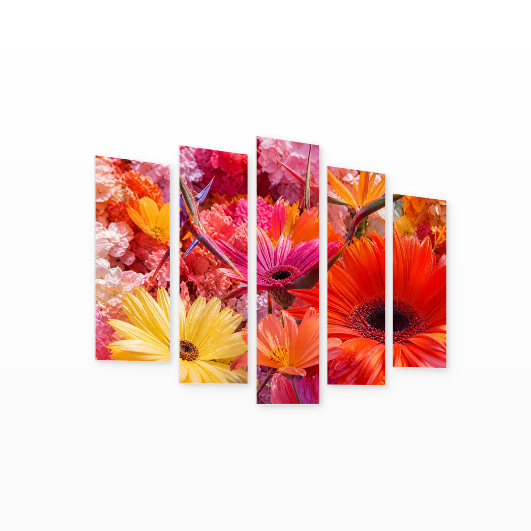 Floral in Vivid Color — five-panel wall art on white background in perspective | 5wallart 55052 M1