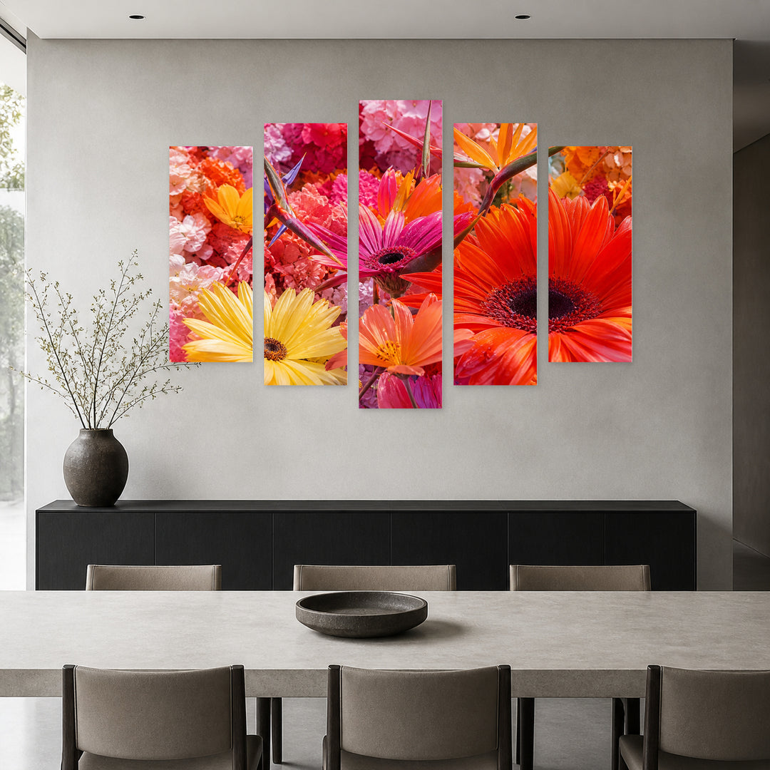Floral in Vivid Color — five-panel wall art in frontal interior | 5wallart 55052 M3