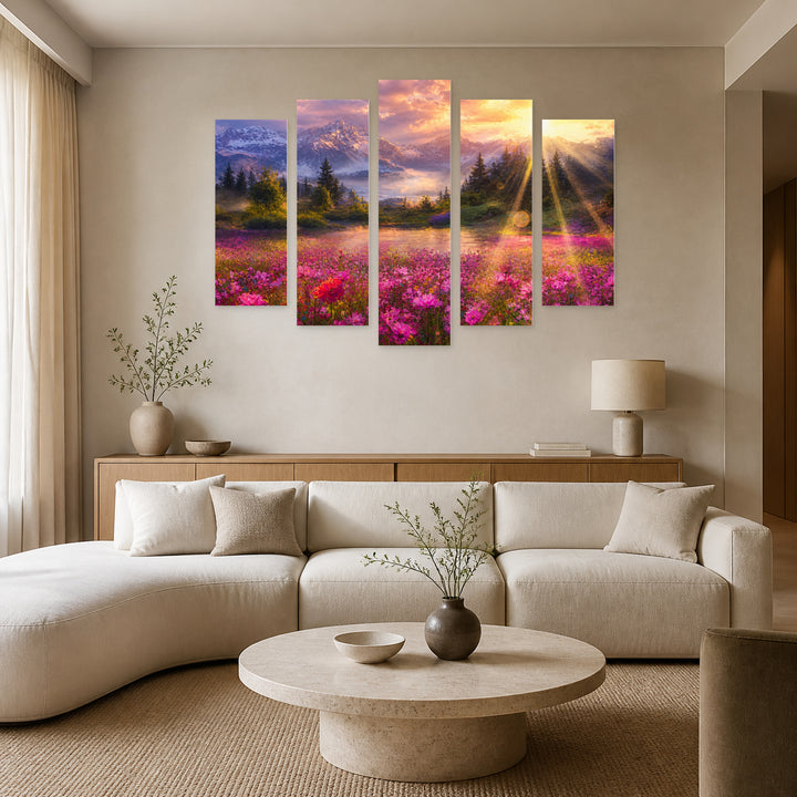 Abstract with Geometric Rhythm — five-panel wall art in frontal interior | 5wallart 55053 M3