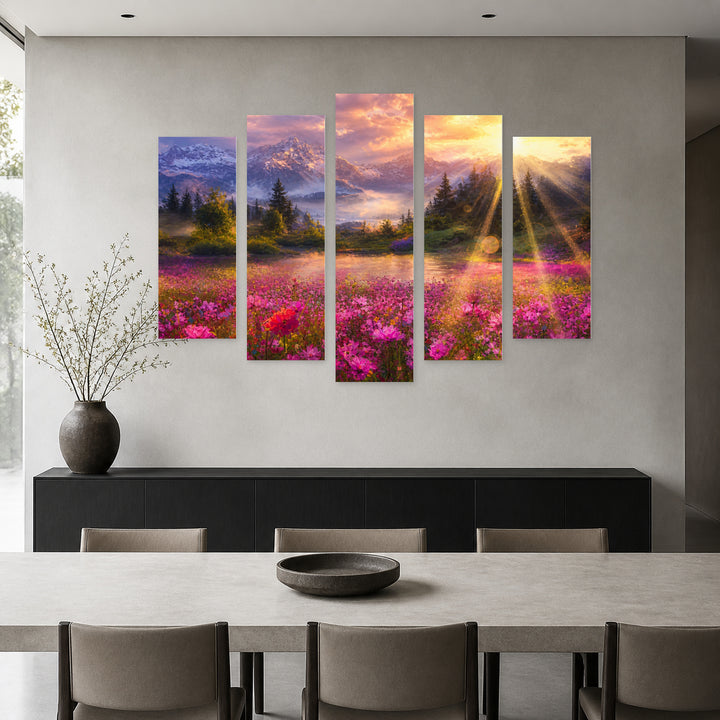 Abstract with Geometric Rhythm — five-panel wall art in alternate frontal interior | 5wallart 55053 M4