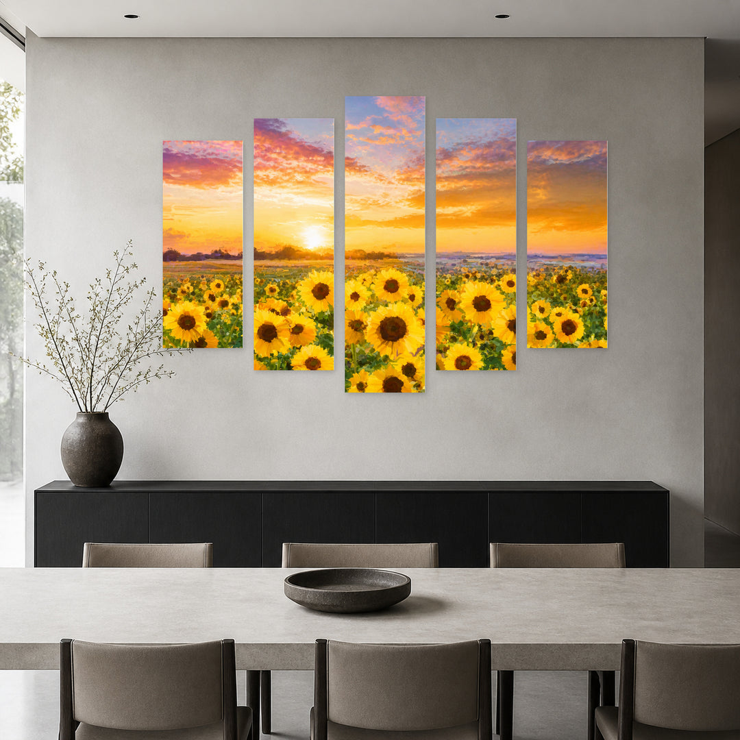 With Sunflowers Art Study — five-panel wall art in frontal interior | 5wallart 55054 M3