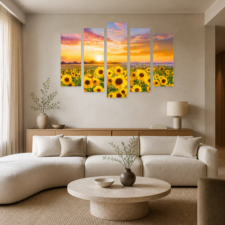 With Sunflowers Art Study — five-panel wall art in alternate frontal interior | 5wallart 55054 M4