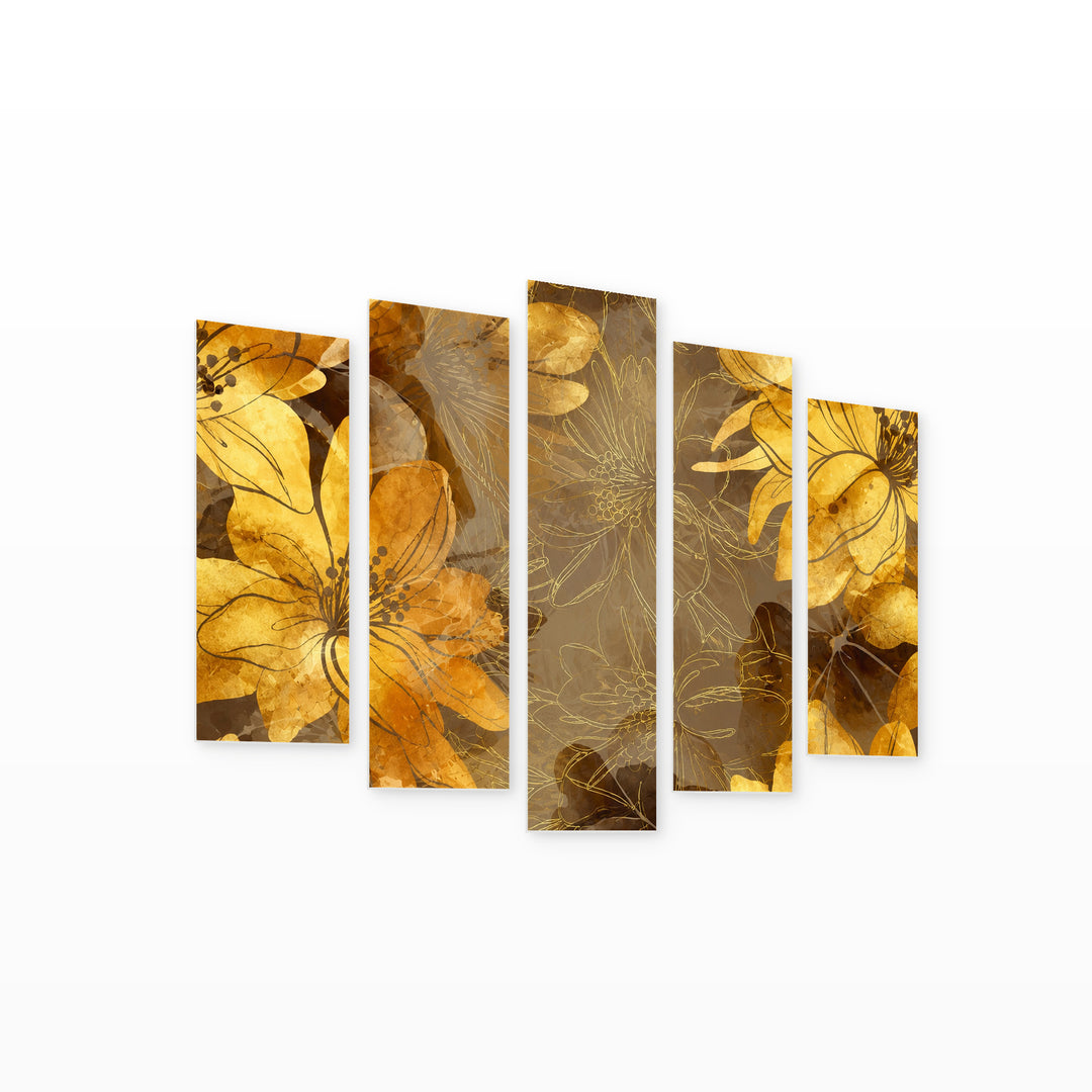 Golden Watercolor Flowers in Serene Light — five-panel wall art on white background in perspective | 5wallart 55055 M1