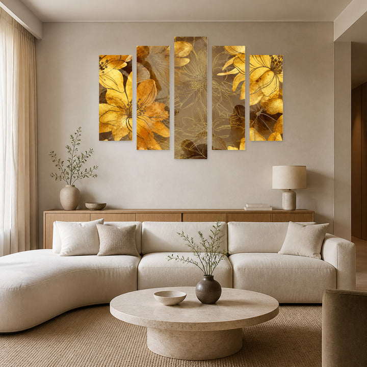 Golden Watercolor Flowers in Serene Light — five-panel wall art in frontal interior | 5wallart 55055 M3
