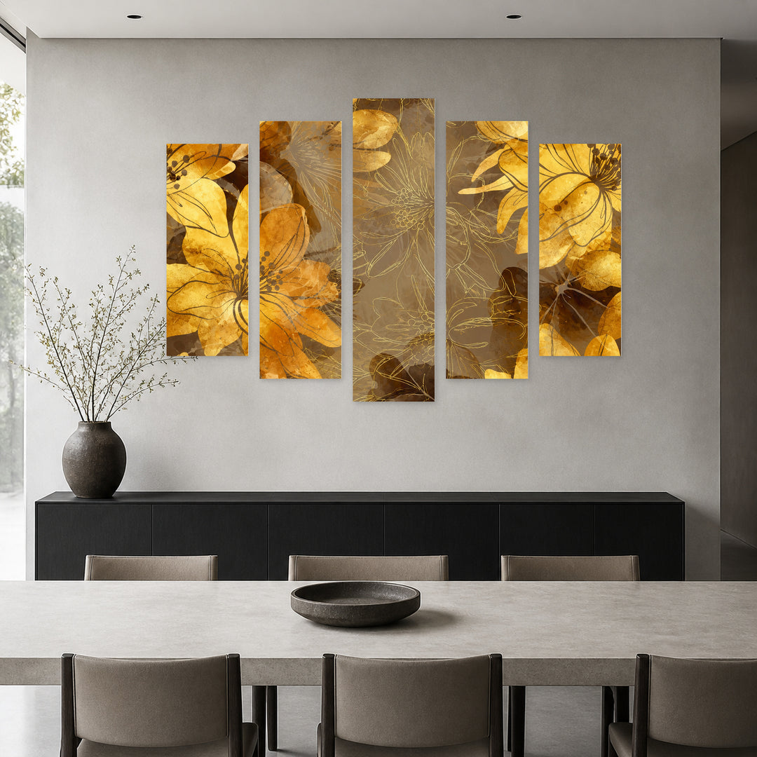 Golden Watercolor Flowers in Serene Light — five-panel wall art in alternate frontal interior | 5wallart 55055 M4
