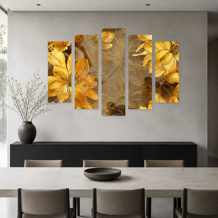 Golden Watercolor Flowers in Serene Light — five-panel wall art in alternate frontal interior | 5wallart 55055 M4