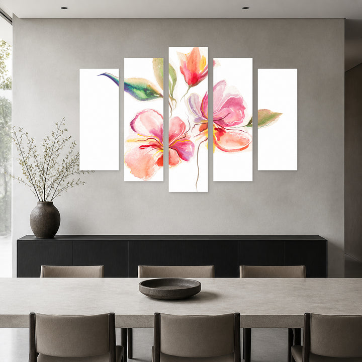 Floral Watercolor Illustration in Serene Light — five-panel wall art in frontal interior | 5wallart 55056 M3