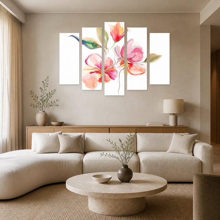 Floral Watercolor Illustration in Serene Light — five-panel wall art in alternate frontal interior | 5wallart 55056 M4