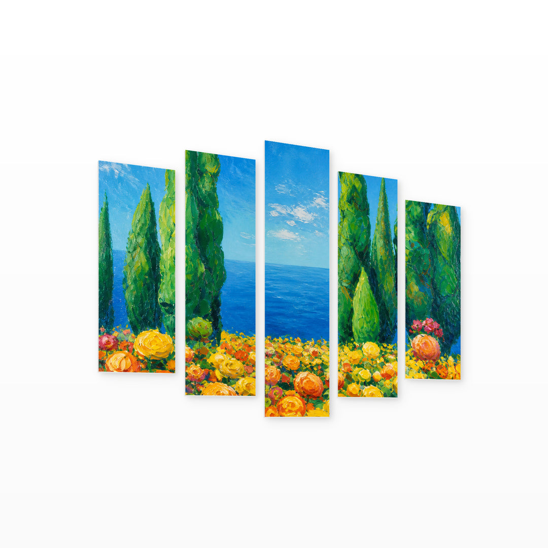 Colorful Landscape in Serene Light — five-panel wall art on white background in perspective | 5wallart 55057 M1